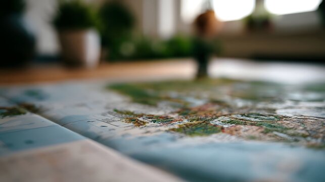 A close up view of a detailed travel map spread on a wooden surface with soft background elements