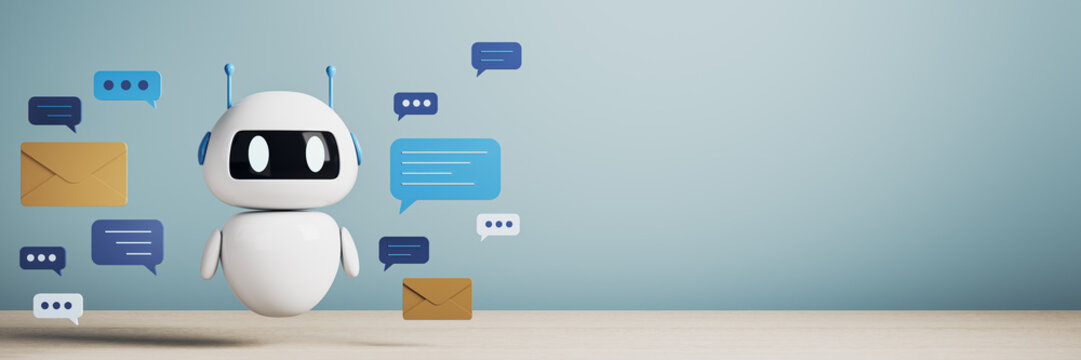 Friendly chatbot robot assistant with speech bubbles and email messages on a clean blue background for digital communication design. 3D Rendering
