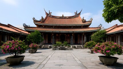 Fototapeta premium Traditional East Asian temple with ornate roof and stone courtyard surrounded by potted flowering plants under clear sky