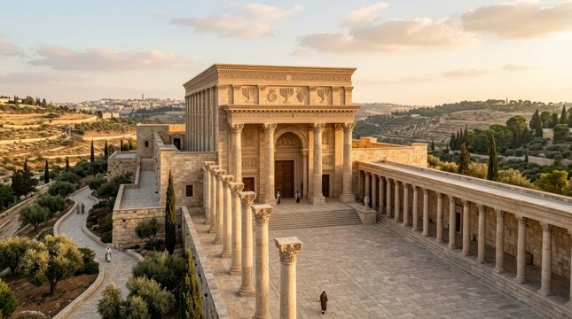 The image depicts a grand, ancient temple structure with columns and a central dome, set against a backdrop of lush greenery and a clear sky.