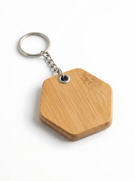Hexagon shaped wooden keychain with metal ring for keys. Customizable keyring design