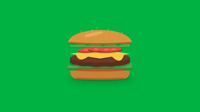 Premium 2.5D food animation featuring a precisely layered gourmet burger with sesame bun, beef patty, melted cheese, lettuce, tomato, onion, sauce, dimensional ingredient separation, smooth assembly m