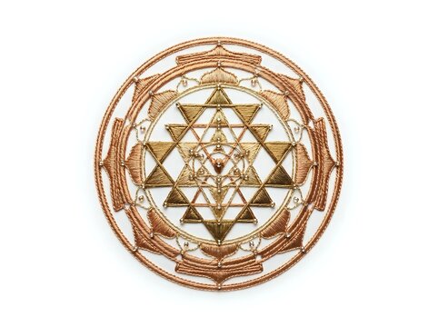 Copper wire geometric mandala with interlocking triangles and concentric circles forming sacred symmetrical pattern for meditation, spirituality, and decorative wall art