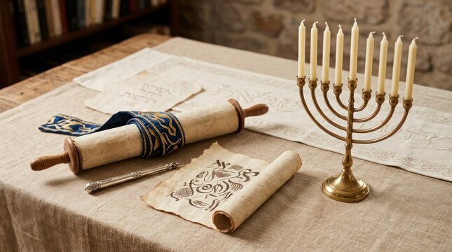 A traditional Hanukkah menorah with candles and a prayer scroll on a tablecloth.