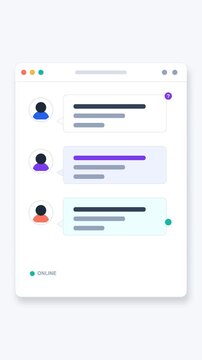 A clean and modern 2D vector animation of a vertical digital customer support interface. It features three user profile avatars, smooth message bubbles, question indicators, and a fully resolved commu