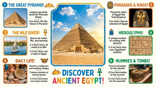 Discover Ancient Egypt Educational Infographic Poster with Pyramids Pharaohs Nile River and Hieroglyphs