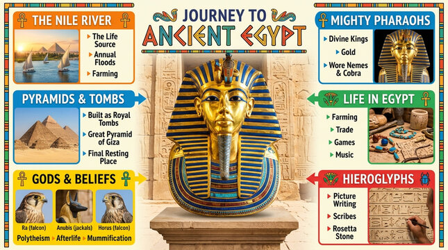 Comprehensive Educational Infographic of Ancient Egyptian Civilization with Pharaohs Pyramids and Gods