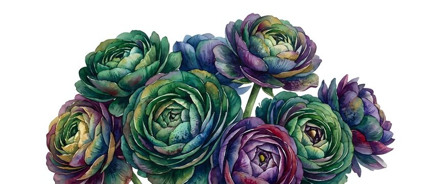 Lush garden roses in jewel tones of emerald, purple, and gold create a romantic floral arrangement