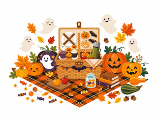 Fototapeta premium Cute autumn Halloween picnic illustration with picnic basket, spooky ghosts, carved pumpkins, and colorful fall leaves