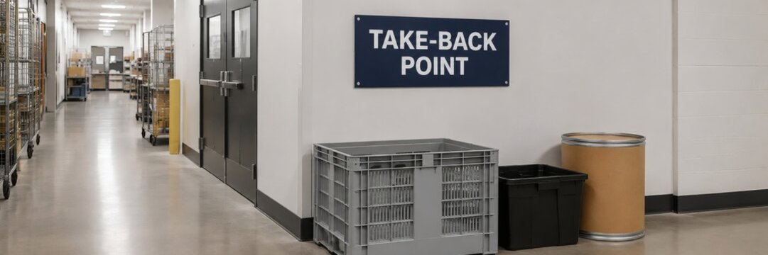 Navy take back point sign fixed above a grey crate black tote and fibre drum in a long warehouse aisle used for collecting returned packaging and products