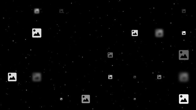 Template animation of evenly spaced image symbols of different sizes and opacity. Animation of transparency and size. Seamless looped 4k animation on black background with stars