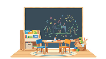 Obraz premium Children's classroom with castle drawing on blackboard