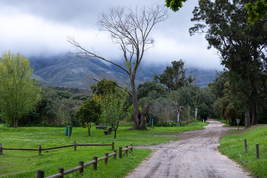 Klein River and Klein Mountains, Stanford, South Africa on a misty dark morning