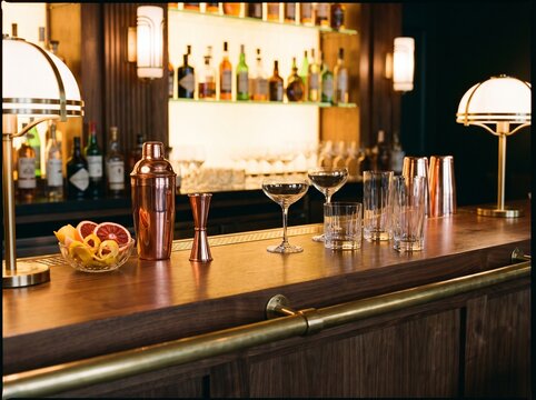 Bartender Counter with Cocktail Shaker and Glasses