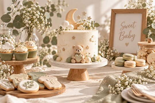 Elegant baby shower dessert table featuring a teddy bear cake and sage green themed treats