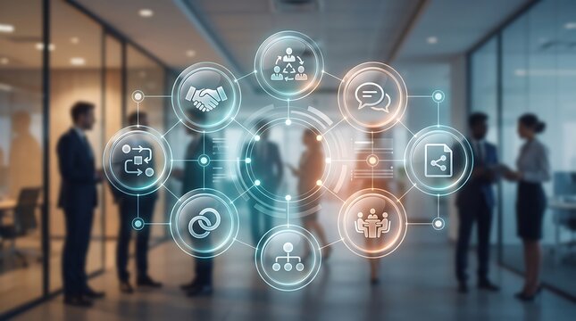 Business process management and team organizational structure concept with glowing digital interaction icons in blurred modern corporate boardroom background