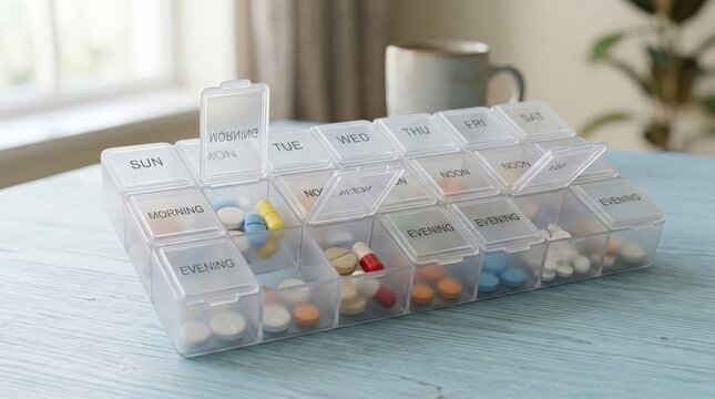 A plastic pill organizer with separated compartments sits on a blue table, symbolizing expired medication routines and daily health management in a well lit room