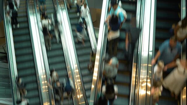 Motion blur time-lapse of commuters riding parallel moving escalators inside a busy modern building.