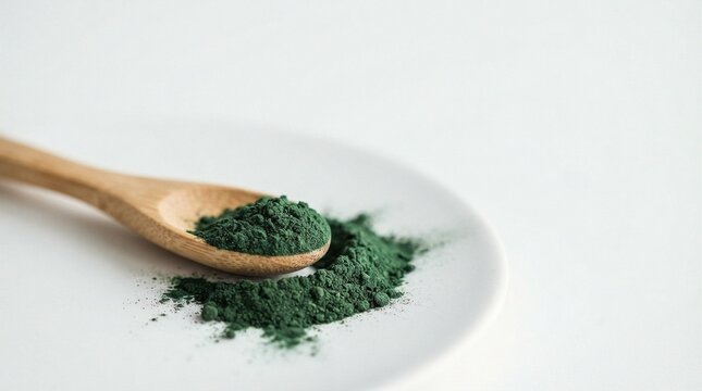 Wooden spoon holding vibrant green spirulina powder over white plate with scattered powder for nutritional supplement, health food, and wellness product photography