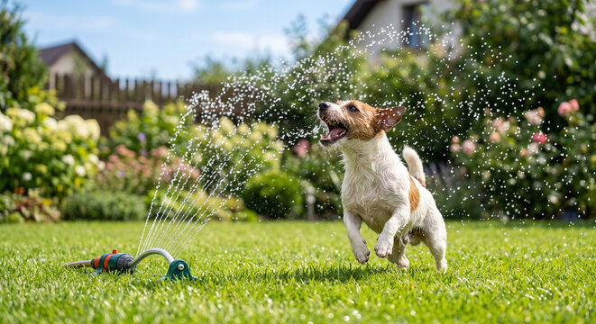 Dog playing in garden with sprinkler spraying water in sunny backyard