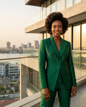 Woman in green suit poses on balcony with city skyline in background