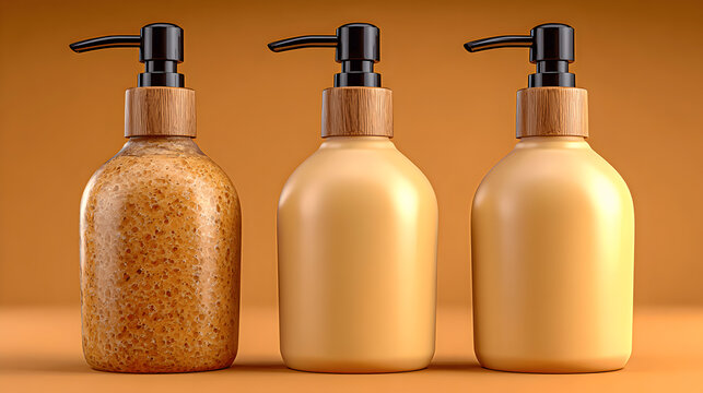 Three cosmetic bottles with pump dispensers on orange background