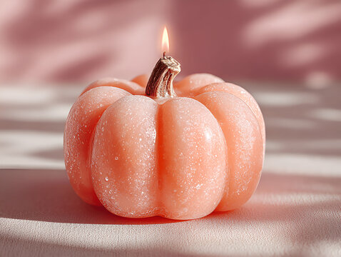 Pink pumpkin-shaped candle with a lit wick on a soft surface