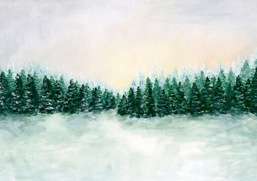 Impressionist hand painted winter pine forest snowy landscape background