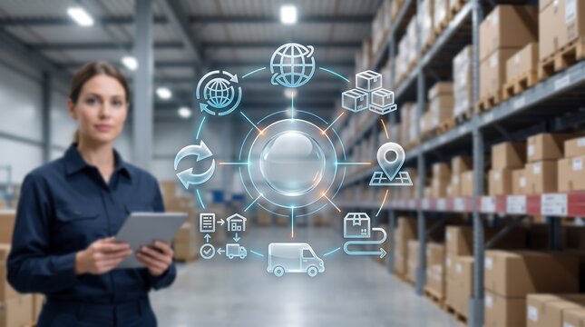 Logistics manager using digital tablet with supply chain management icons for inventory tracking and delivery route optimization in professional warehouse environment with shelves