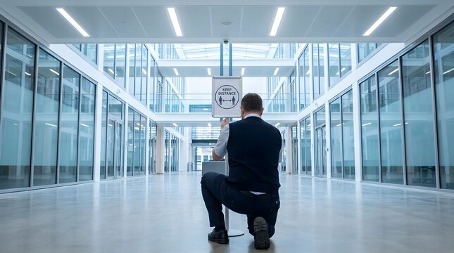 Male staff member installs a social distancing keep distance sign in a modern glass office hallway.