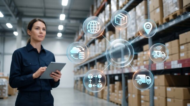 Supply chain logistics supervisor using tablet to monitor digital cloud storage and delivery tracking interface in large distribution center with packed retail warehouse shelves
