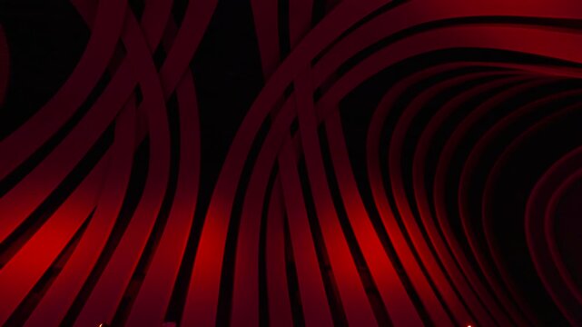 Close-up of glowing red architectural fins forming a dynamic curved pattern against a dark background.