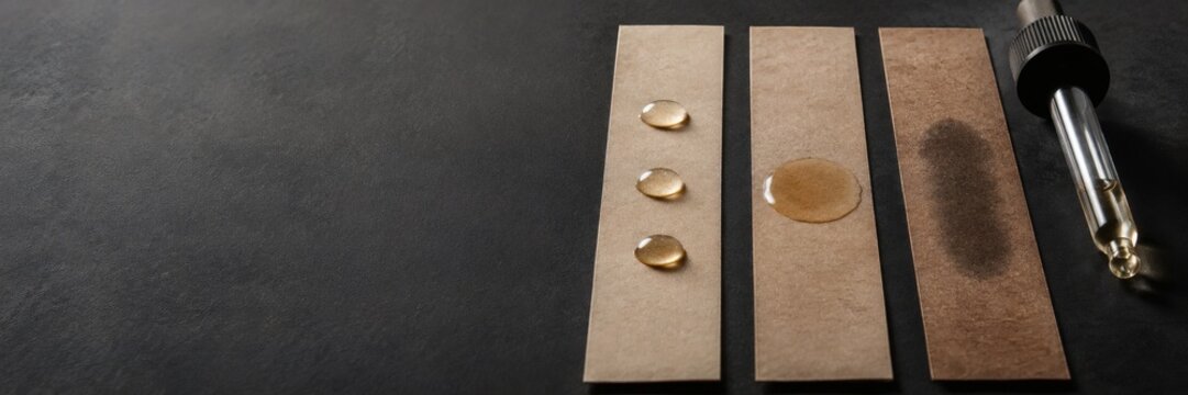 Kraft paper strips on dark slate showing oil droplets beading and soaking through in a grease barrier comparison test for food contact packaging materials