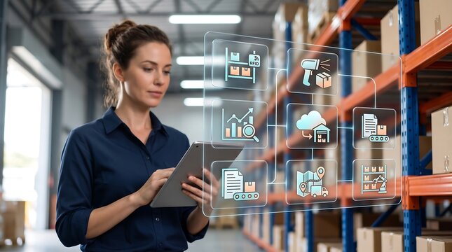 Logistics coordinator managing warehouse inventory with digital tablet and RFID tracking interface for efficient supply chain and automated distribution in modern retail facility