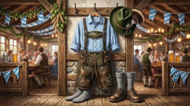 A traditional Bavarian costume hanging in a rustic cabin with a beer stein and beer mugs on the table.
