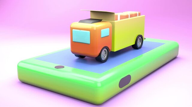 3D delivery truck on smartphone screen, mobile logistics app concept, colorful toy van for online shopping and shipping services