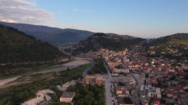 Aerial view of Berat with historic houses and Osum River, Albania.