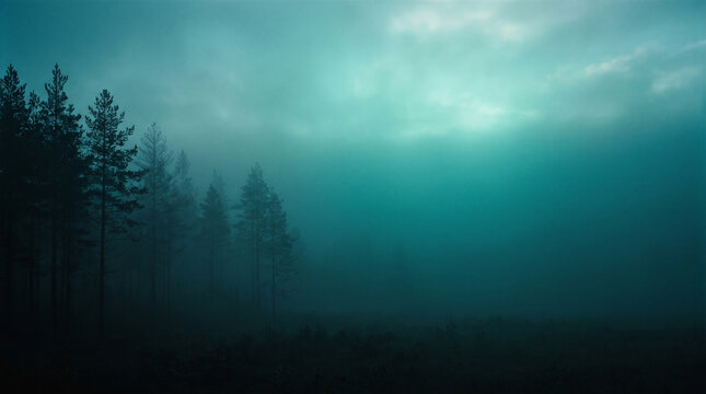 Pine trees in a misty dark forest at night