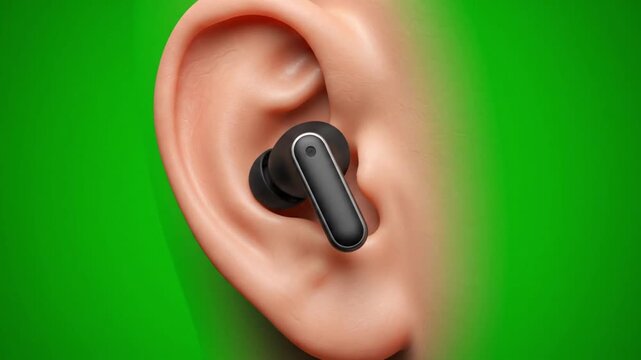 Close-up of black wireless earbud in human ear on green screen background for chroma key, modern audio technology and wearable gadget concept.