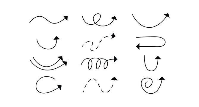 Hand drawn creative arrow set design Squiggly arrows doodle set. Curve and Spiral comic symbols in sketch style. Hand drawn vector illustration isolated on white background