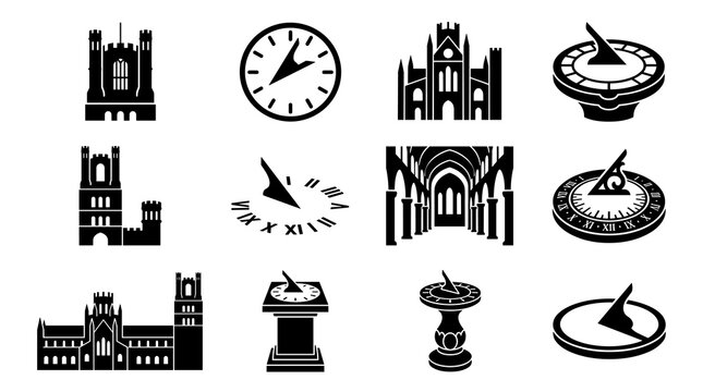Detailed vector illustration of an ancient stone sundial located at the historic Ely Cathedral in England, showcasing traditional timekeeping and Gothic architectural elements.