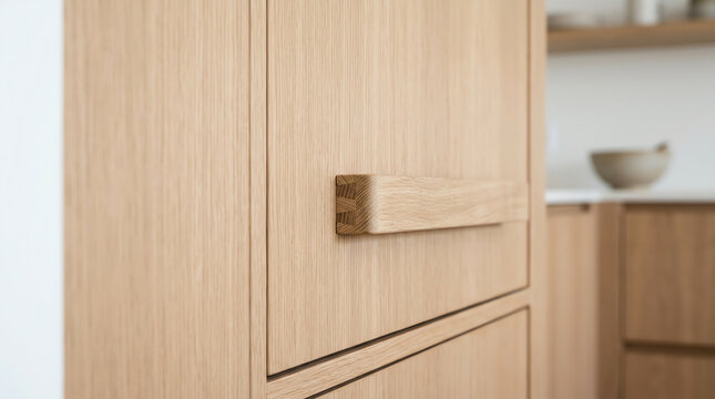 Minimalist wooden cabinet handle detail with clean joinery