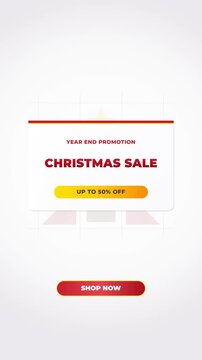 Animated geometric christmas tree sliding on a cartesian grid and revealing a 3d flipping sale card on a clean white backdrop. Minimalist motion graphics for year end promo.
