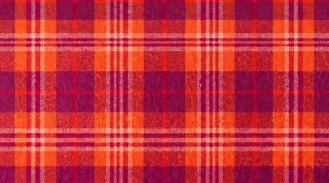 Crimson and orange plaid fabric texture with a soft woven pattern during a bright daylight exposure