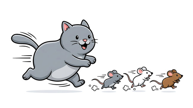 Cute chubby gray cat joyfully chasing a group of tiny fleeing mice in a fun cartoon style