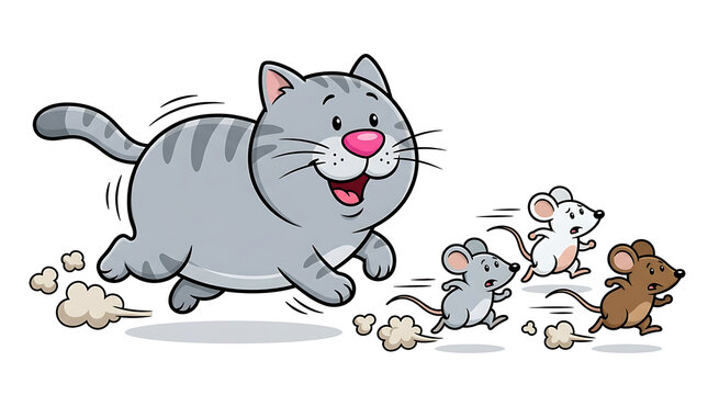 Cute Cartoon Grey Tabby Cat Running and Chasing Three Small Mice in a Funny Action Scene