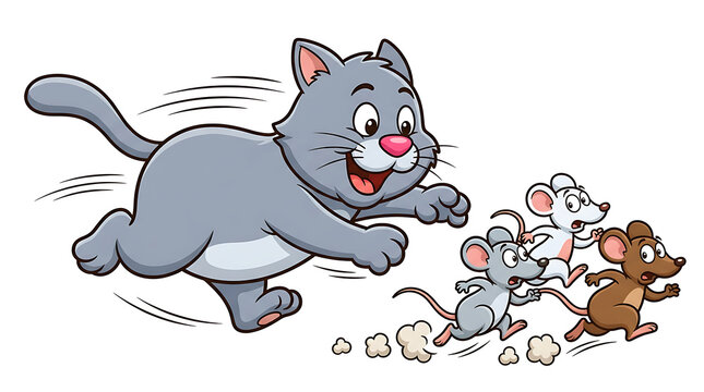 Funny gray cartoon cat chasing three mice in pursuit with speed isolated on white background