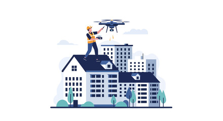 Fototapeta premium Professional Engineer Using Drone for City Building Inspection and Aerial Survey Illustration