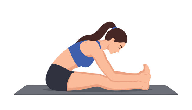 Woman doing seated forward bend yoga pose stretching hamstrings on mat vector illustration