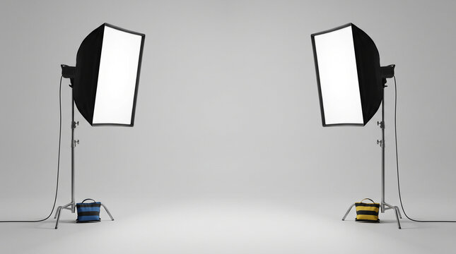 Professional studio lighting setup with two softbox lights on stands against white background